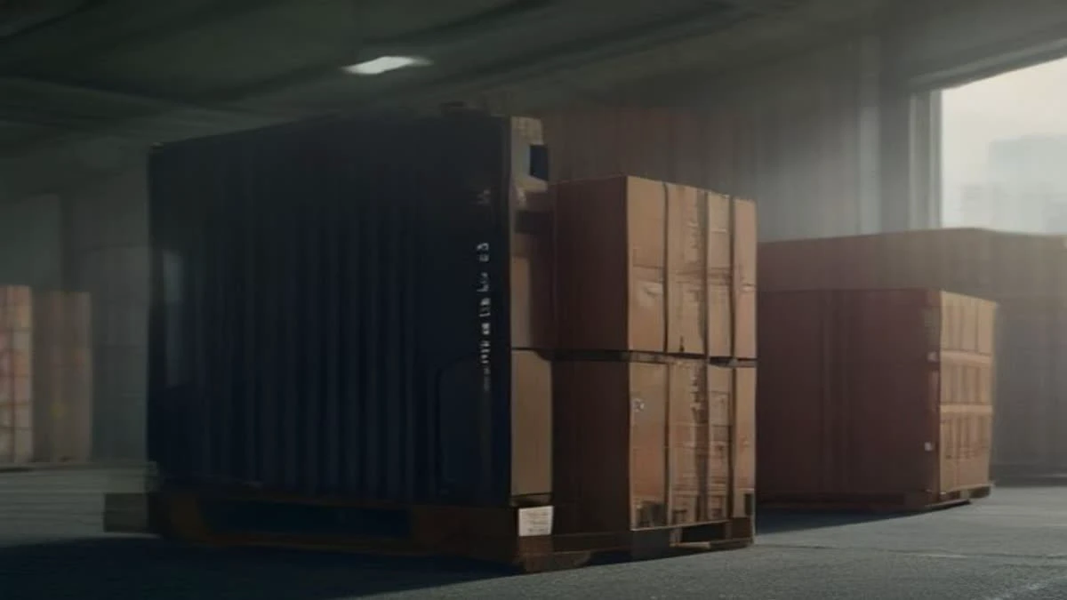 medium shot of a wide shot of loading docks with containers and a forklift in motion, overcast diffused light — illustrative photograph for this article