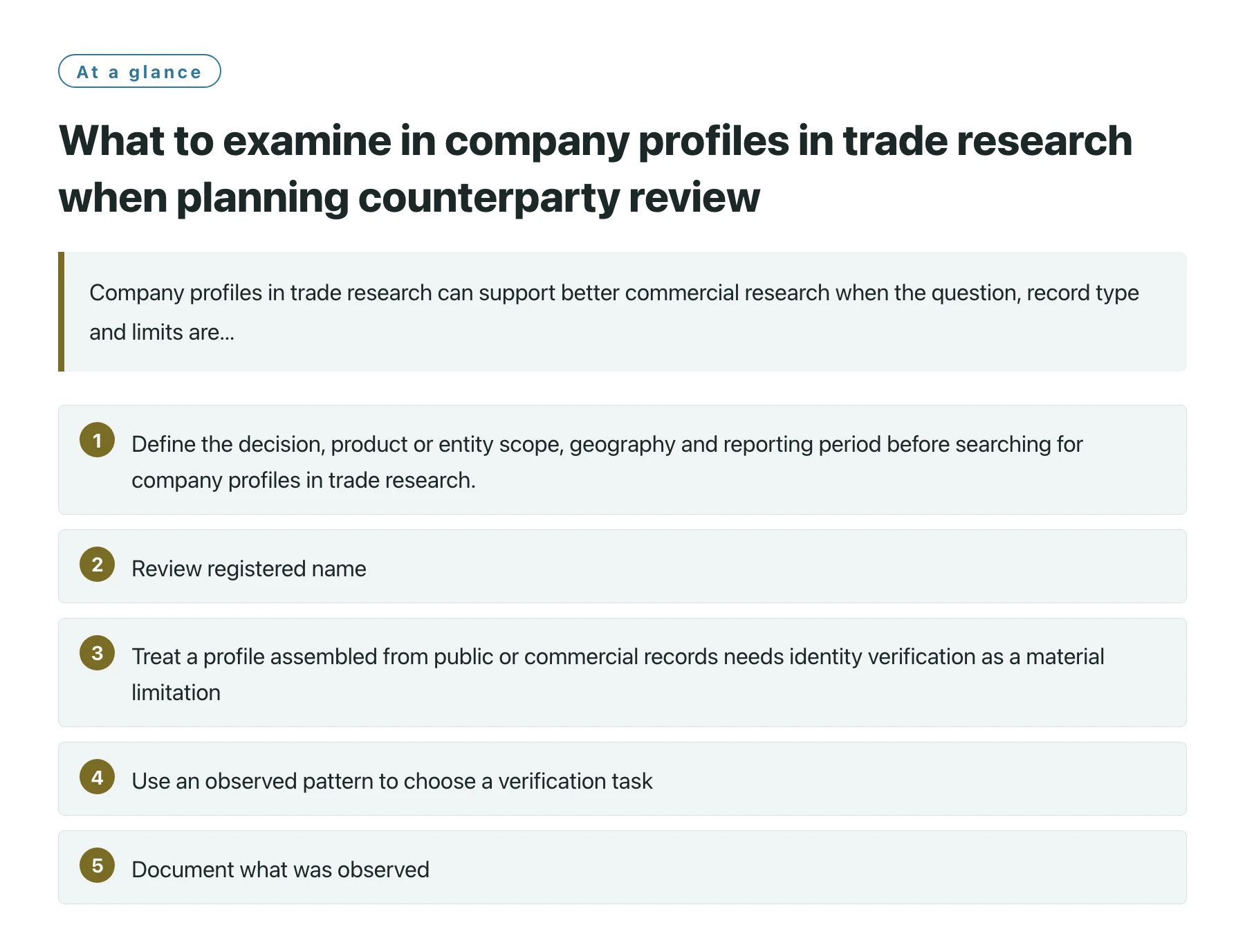 What to examine in company profiles in trade research when planning counterparty review——全文要点速览